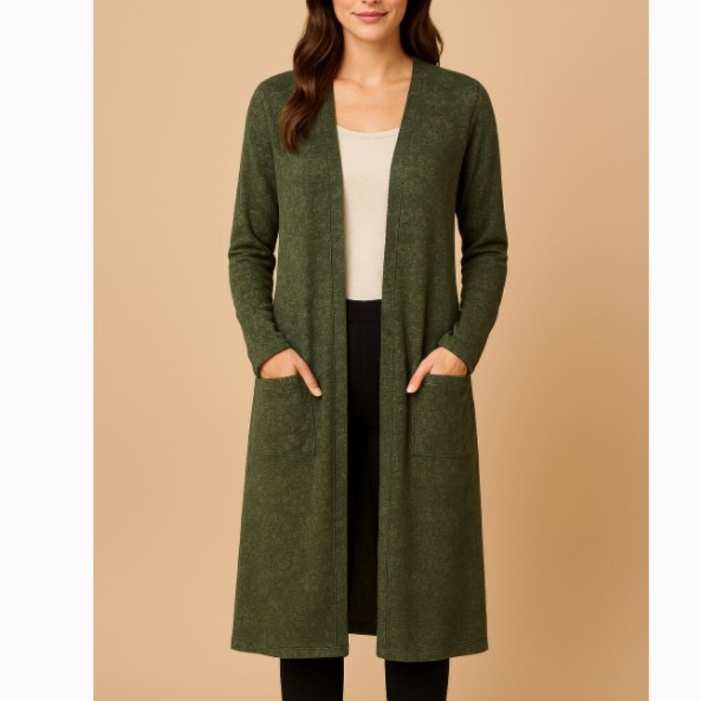 LuLaRoe Sarah long duster cardigan in olive green with pockets Size Small